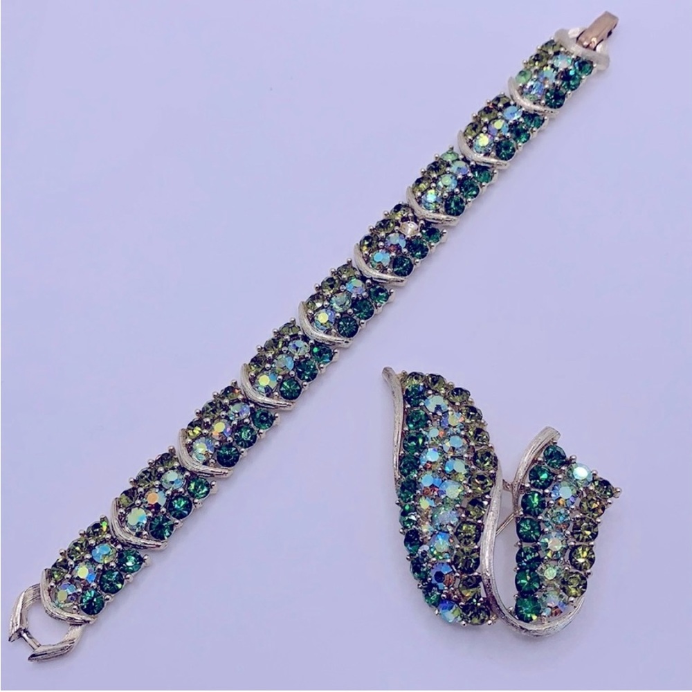 LISNER Green Rhinestone Bracelet & Brooch